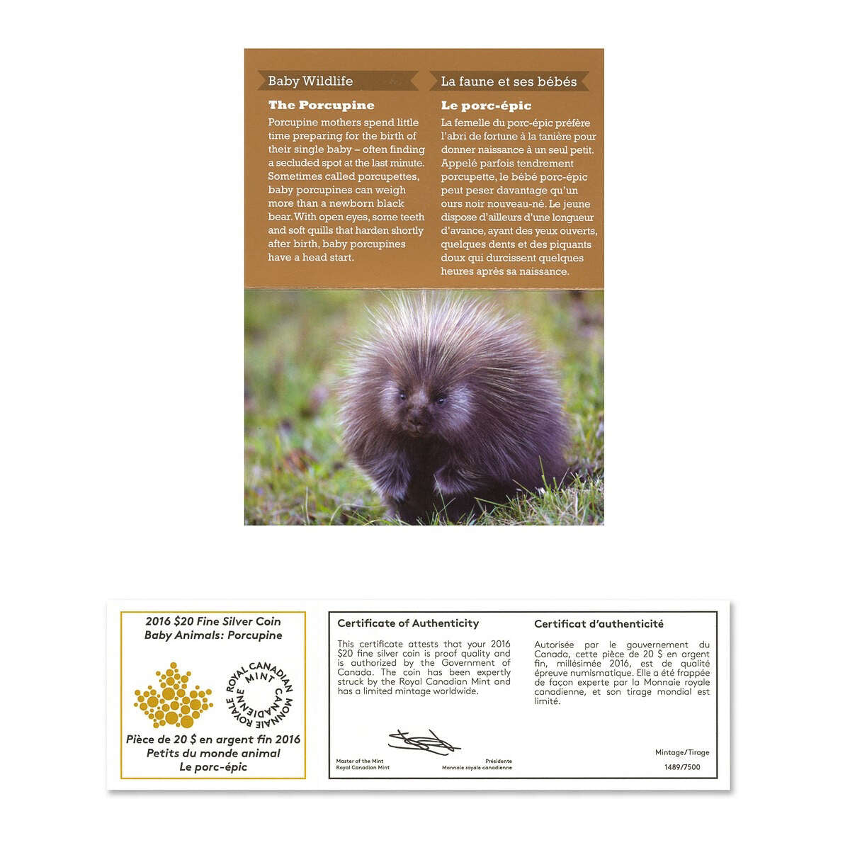 2016 $20 Baby Animals: Porcupine - Pure Silver Coin and Stamp Set