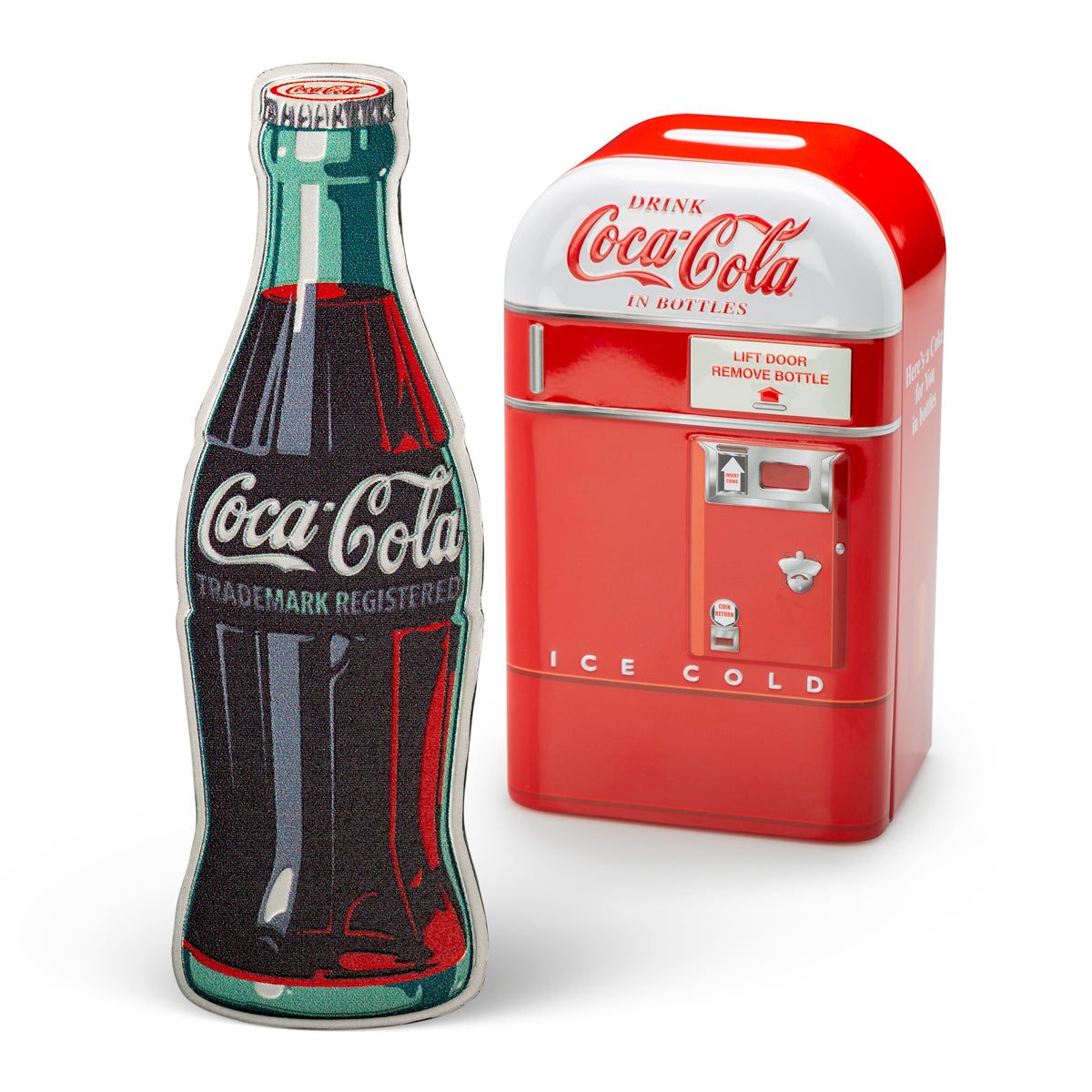 Coca-Cola® Vintage 1 oz Silver Colourized Bottle with Tin Vending Machine