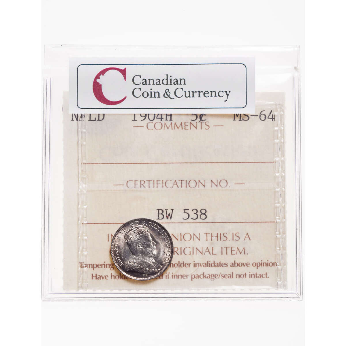 NFLD 5 cent 1904H  ICCS MS-64