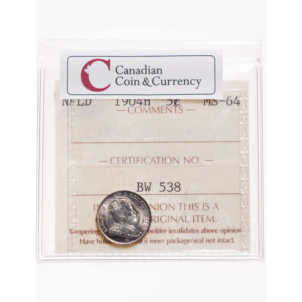 NFLD 5 cent 1904H  ICCS MS-64
