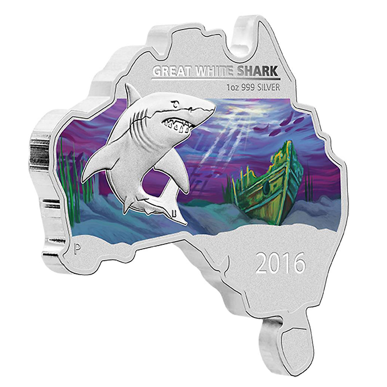 2016 $1 Australian: Shark Map Shaped - Pure Silver Coin