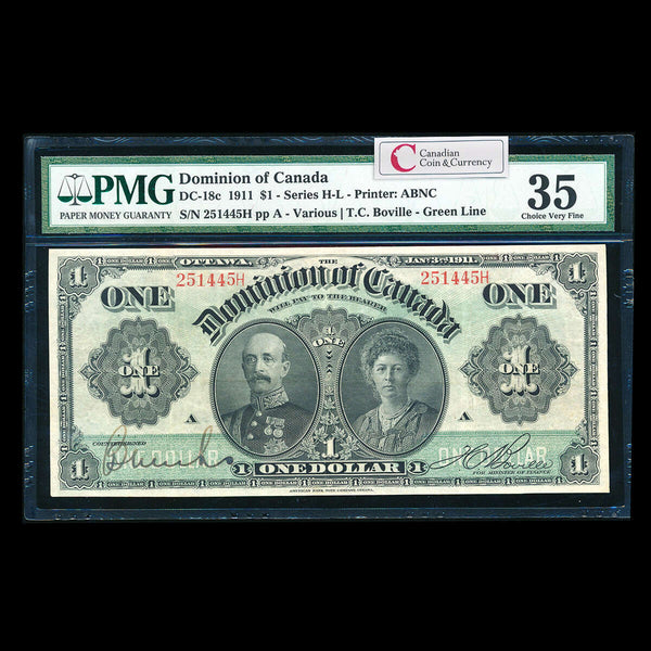 $1 1911 DC-18c Green line, series letter follows sheet no., no hyphen Ms. Various-Boville Series H Suffix H PMG VF-35