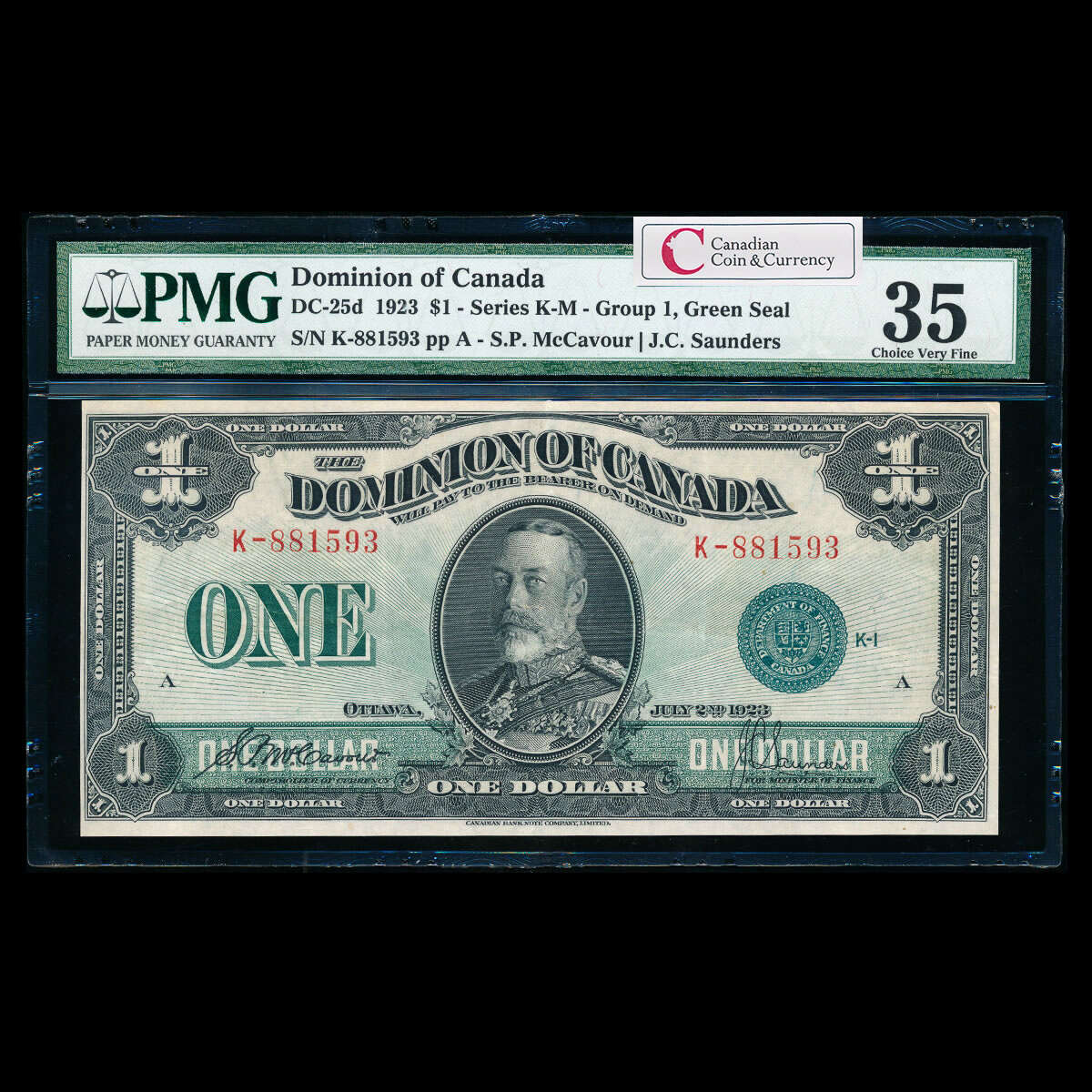 $1 1923 DC-25d McCavour-Saunders, Green seal.  Group 1. McCavour-Saunders Series K Prefix K PMG VF-35