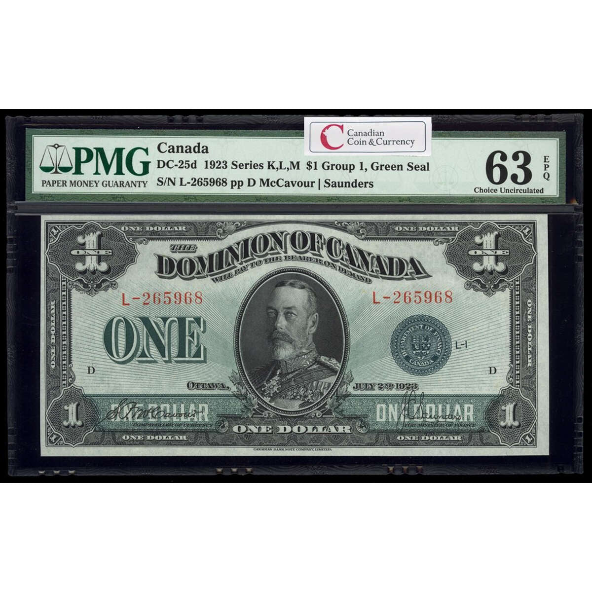 $1 1923 DC-25d McCavour-Saunders, Green seal, Group 1. Series L Prefix L PMG CUNC-63