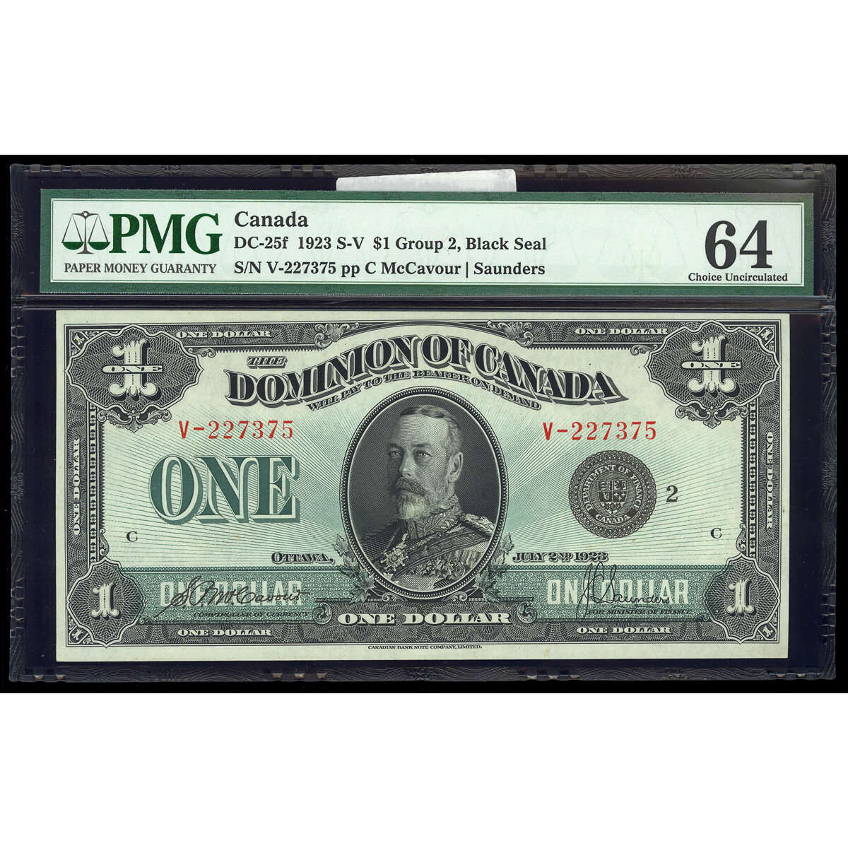 $1 1923 DC-25f McCavour-Saunders, Black seal, Group 2 Series V Prefix V PMG CUNC-64