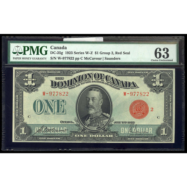 $1 1923 DC-25g McCavour-Saunders, Red Seal, Group 2 Series W Prefix W PMG CUNC-63