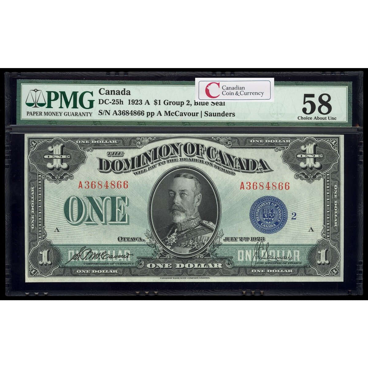 $1 1923 DC-25h McCavour-Saunders, Blue seal, Group 2 Series A Prefix A PMG AU-58