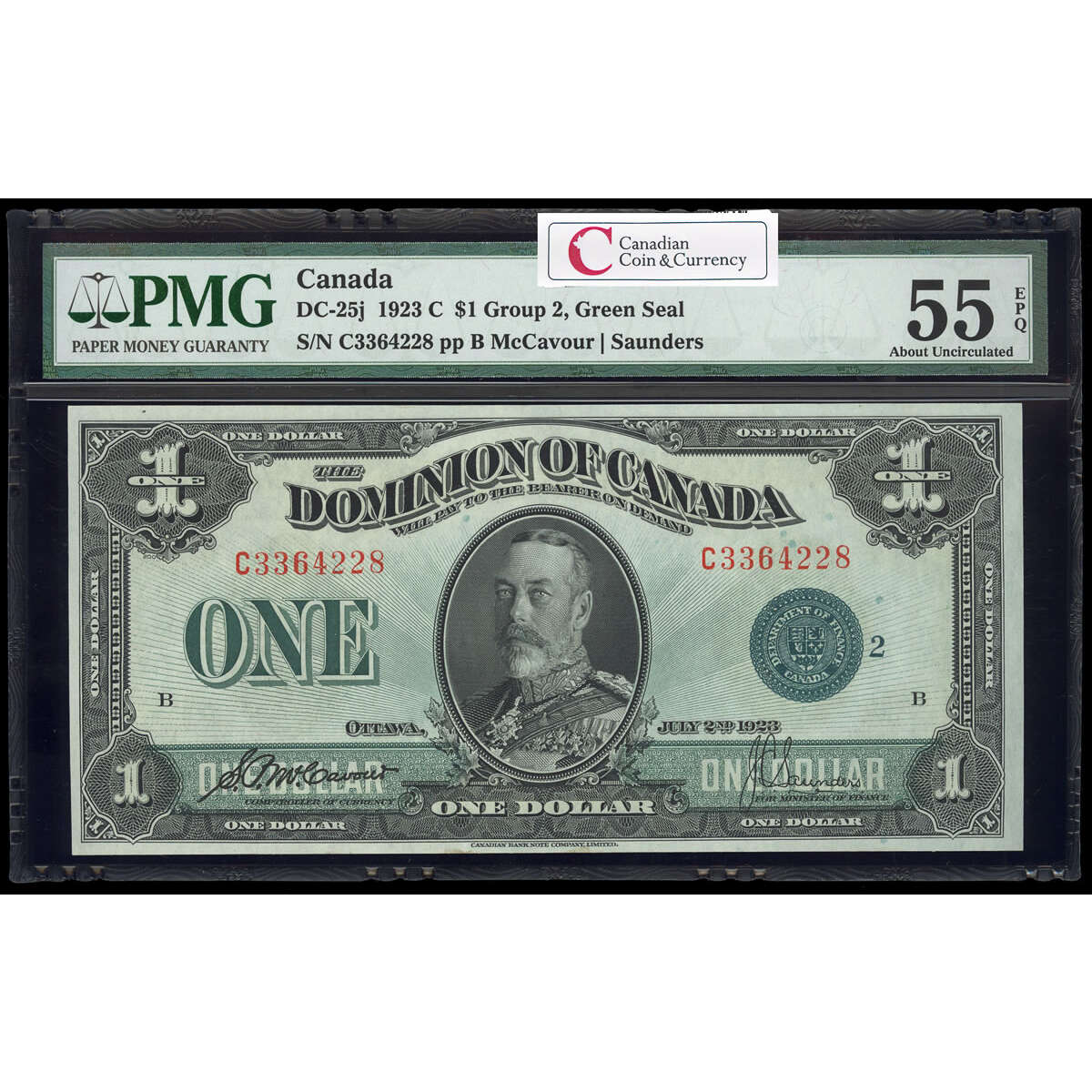 $1 1923 DC-25j McCavour-Saunders, Green seal.  Group 2. Series C Prefix C PMG AU-55