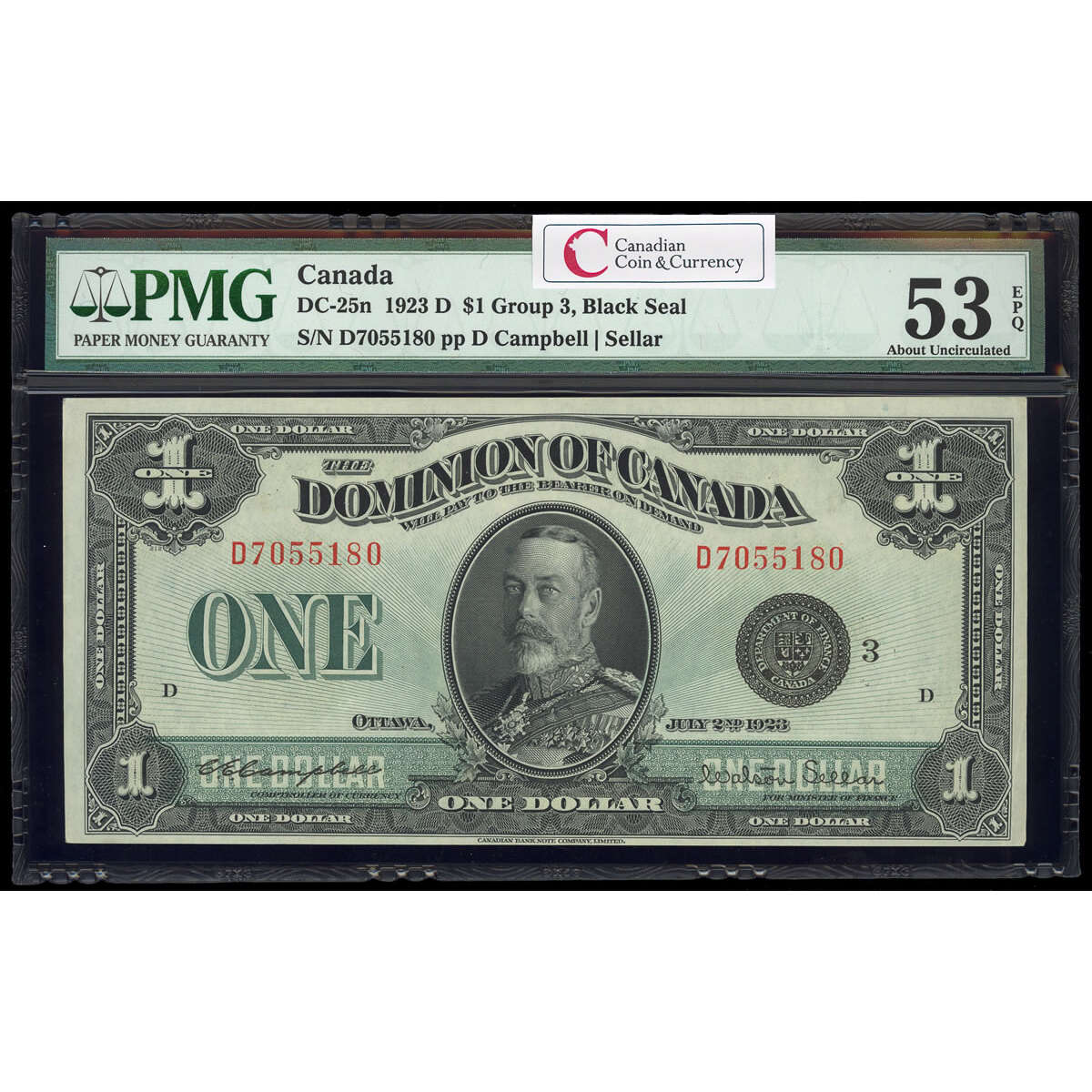 $1 1923 DC-25n Campbell-Sellar, Black seal.  Group 3. Series D Prefix D PMG AU-53