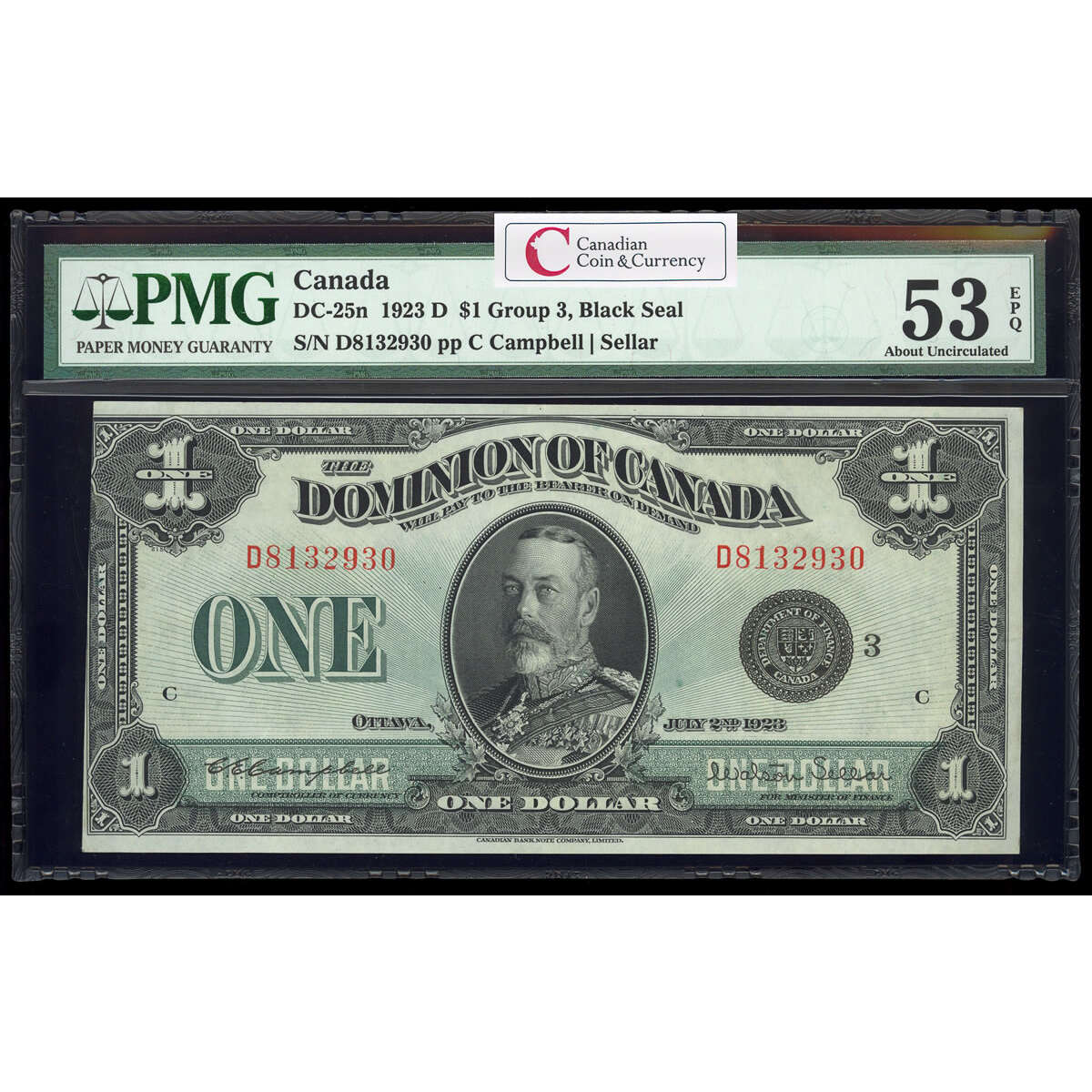 $1 1923 DC-25n Campbell-Sellar, Black seal.  Group 3. Series D Prefix D PMG AU-53