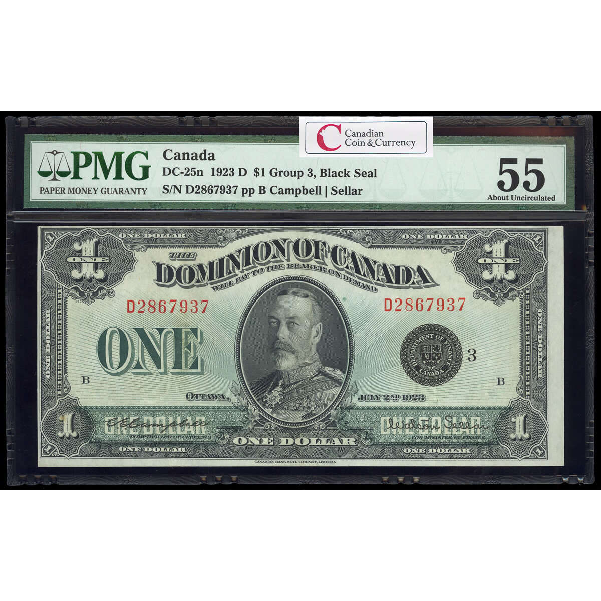 $1 1923 DC-25n Campbell-Sellar, Black seal.  Group 3. Series D Prefix D PMG AU-55