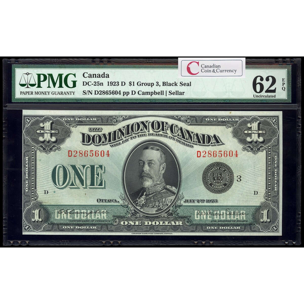 $1 1923 DC-25n Campbell-Sellar, Black seal.  Group 3. Campbell-Sellar Series D Prefix D PMG UNC-62