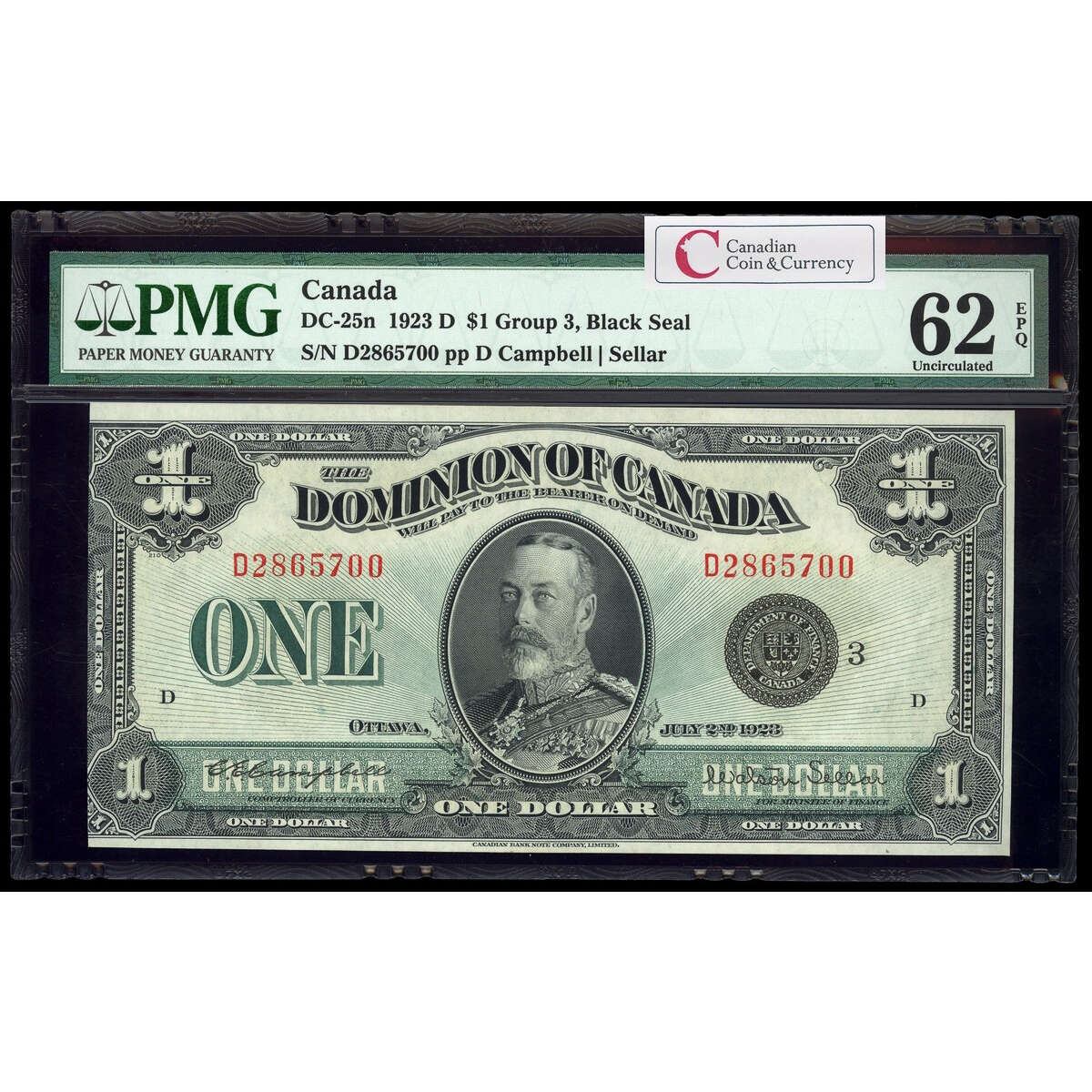 $1 1923 DC-25n Campbell-Sellar, Black seal.  Group 3. Campbell-Sellar Series D Prefix D PMG UNC-62