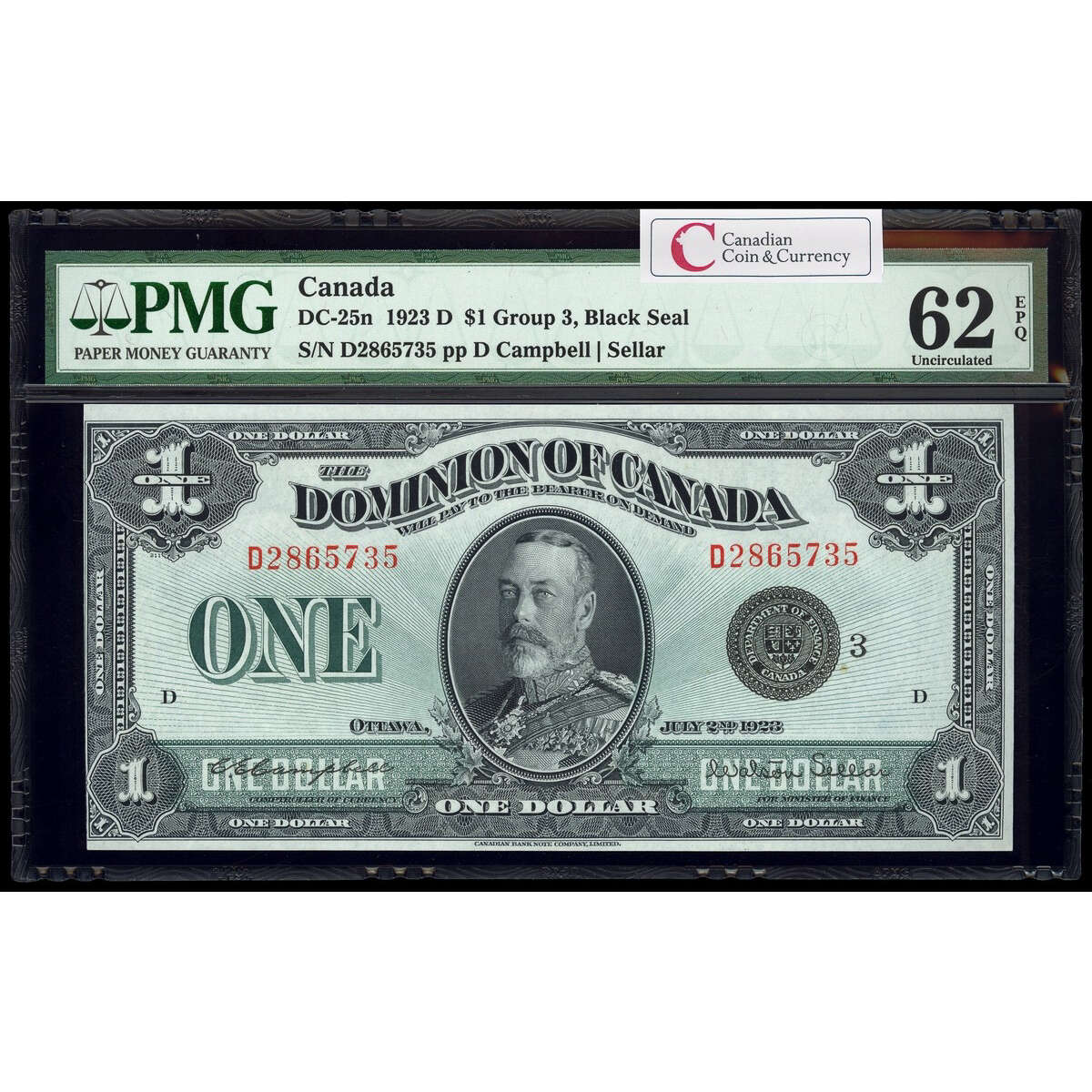 $1 1923 DC-25n Campbell-Sellar, Black seal.  Group 3. Campbell-Sellar Series D Prefix D PMG UNC-62