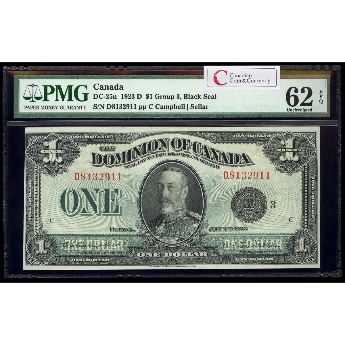 $1 1923 DC-25n Campbell-Sellar, Black seal.  Group 3. Campbell-Sellar Series D Prefix D PMG UNC-62