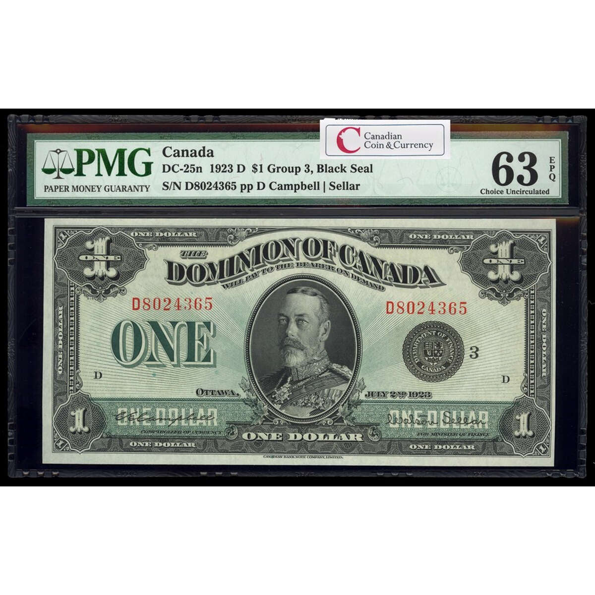 $1 1923 DC-25n Campbell-Sellar, Black seal, Group 3 Series D Prefix D PMG CUNC-63