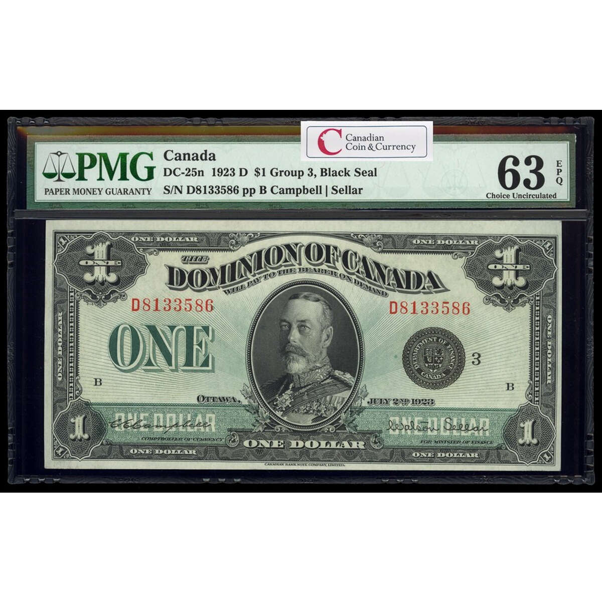 $1 1923 DC-25n Campbell-Sellar, Black seal, Group 3 Series D Prefix D PMG CUNC-63