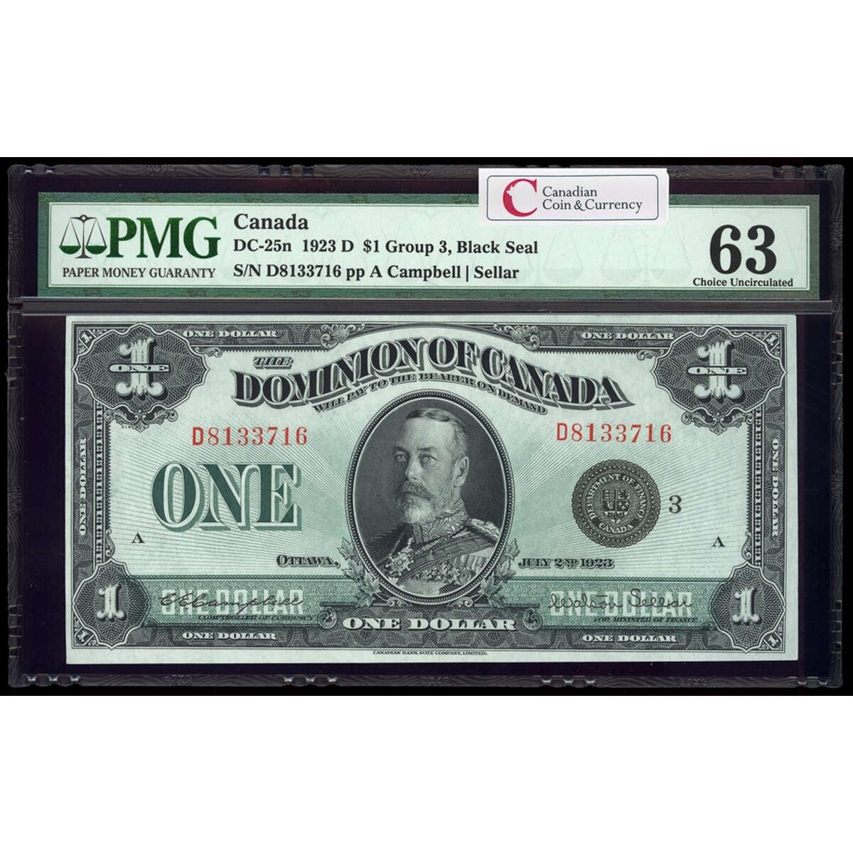 $1 1923 DC-25n Campbell-Sellar, Black seal, Group 3 Series D Prefix D PMG CUNC-63