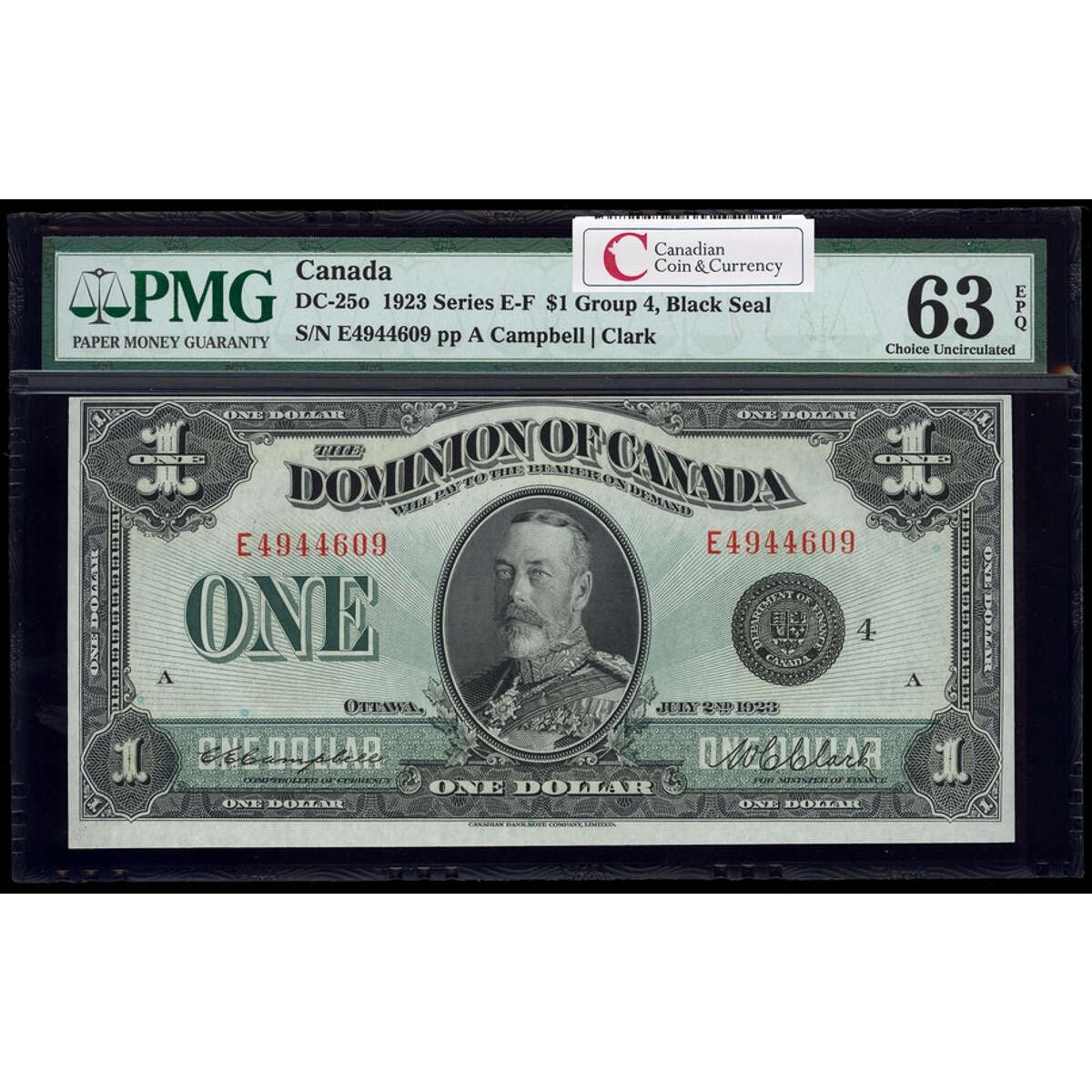 $1 1923 DC-25o Campbell-Clark, Black seal, Group 4 Series E Prefix E PMG CUNC-63