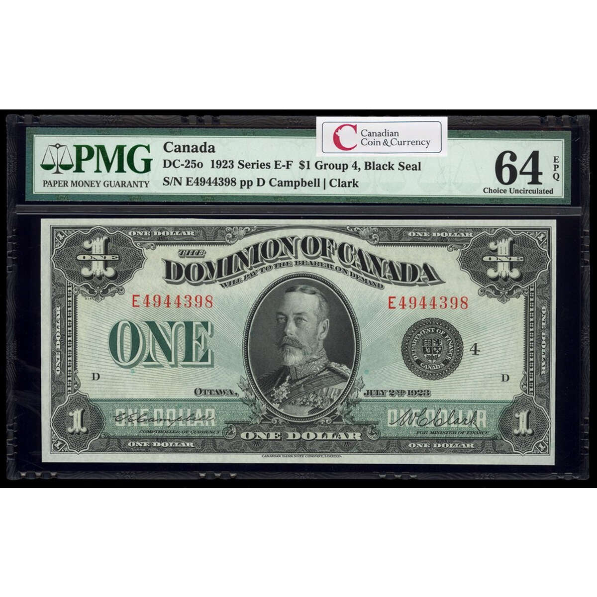 $1 1923 DC-25o Campbell-Clark, Black seal, Group 4 Series E Prefix E PMG CUNC-64