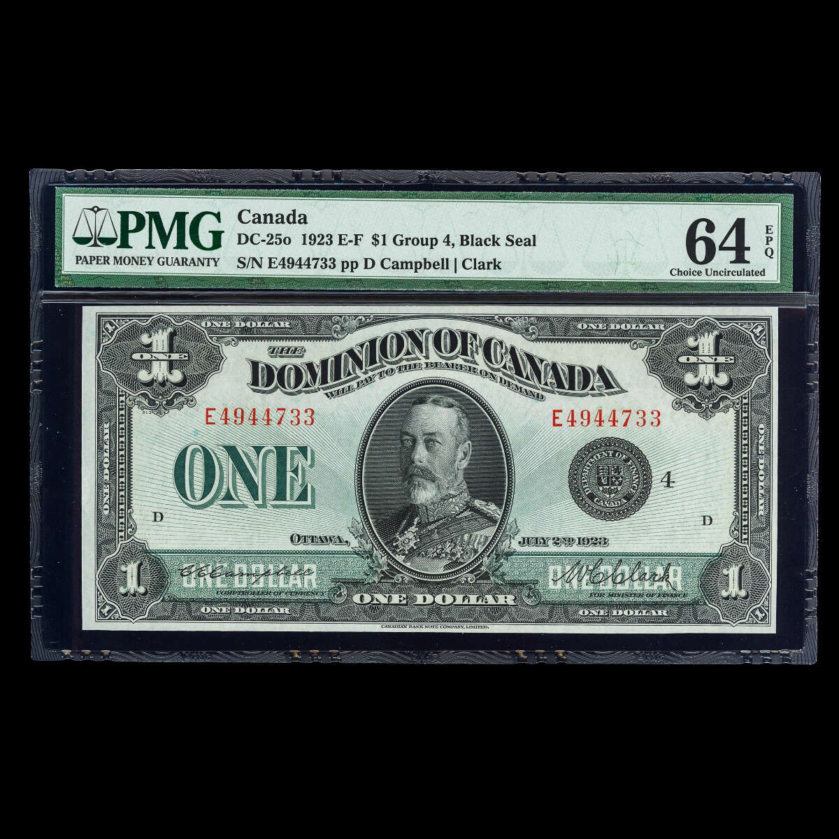 $1 1923 DC-25o Campbell-Clark, Black seal.  Group 4. Campbell-Clark Series E Prefix E PMG CUNC-64