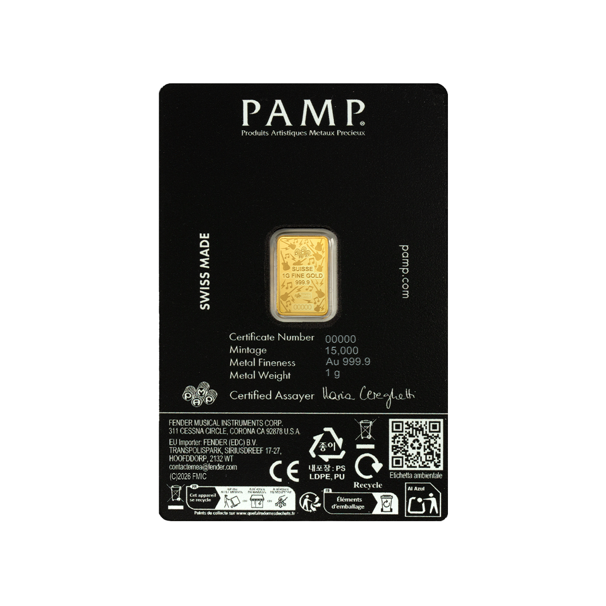 Fender® 80th Anniversary - 1g Pure Gold Bar