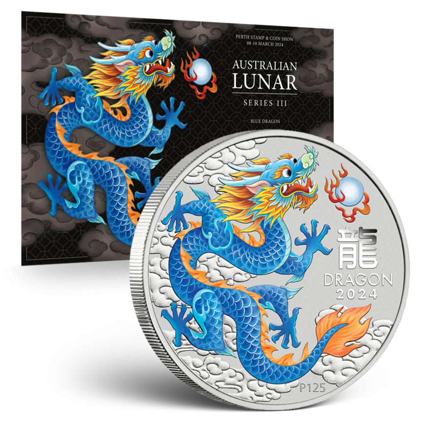 2024 $1 Year of the Dragon: Blue Dragon - Pure Silver Coloured Coin