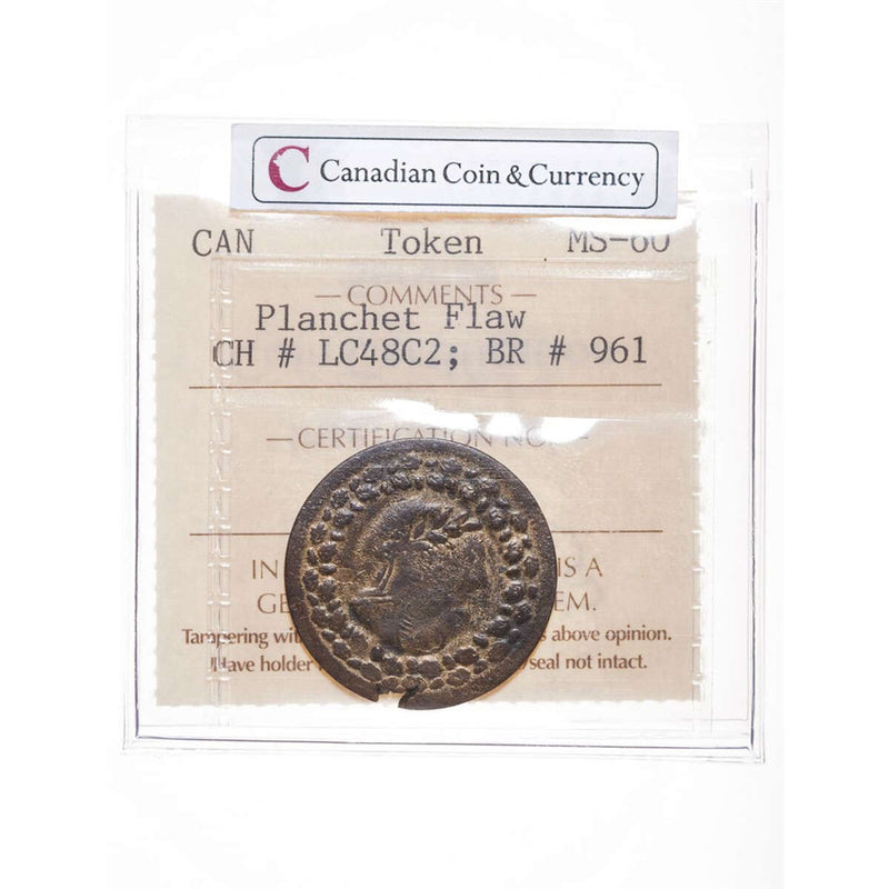 Lower Canada 1 Penny Token 1812 Planchet Flaw Acorns MS-60 ICCS