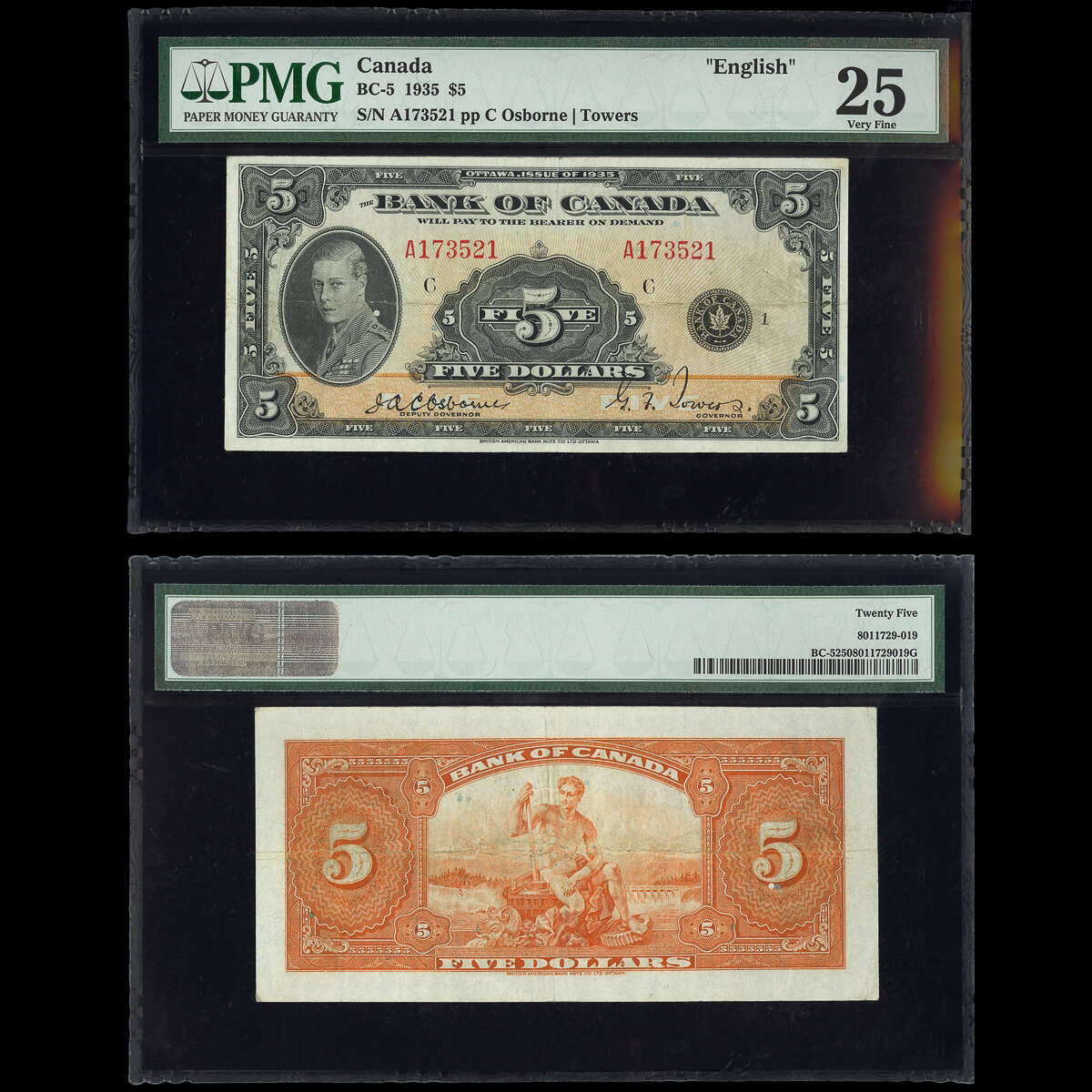 $5 1935 English BC-5 Osborne-Towers Osborne-Towers Prefix A Suffix C PMG VF-25