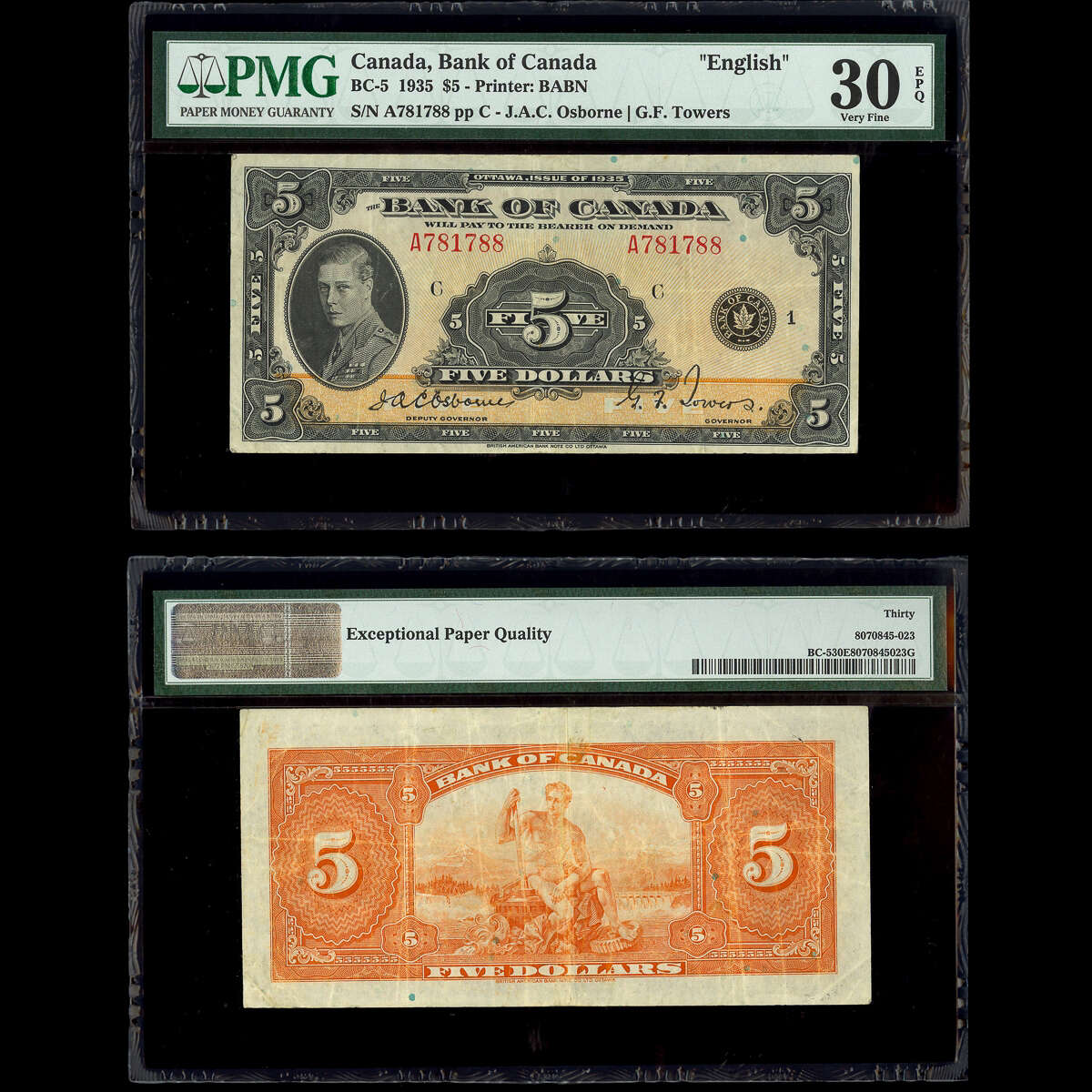 $5 1935 English BC-5 Osborne-Towers Osborne-Towers Prefix A Suffix C PMG VF-30