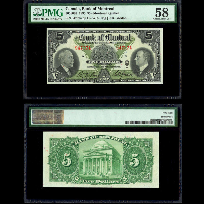 Canada Bank (Montreal)  $5 1935 Bog-Gordon PMG AU-58