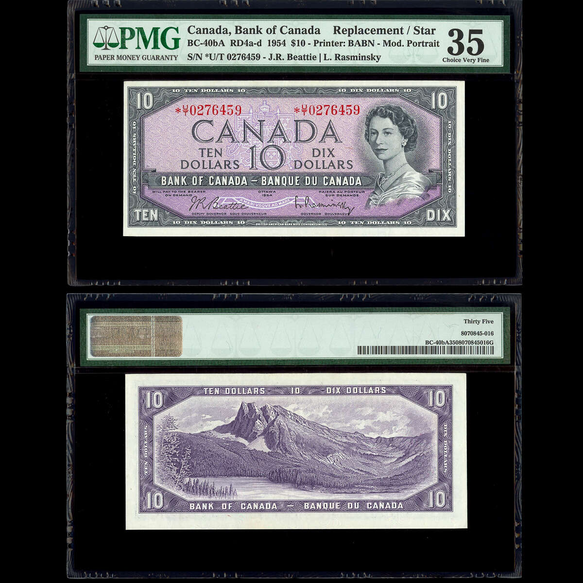 $10 1954 Replacement BC-40bA RD4a-d J.R. Beattie-L.Rasminsky J.R. Beattie-L. Rasminsky Prefix U/T PMG VF-35