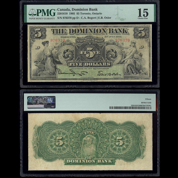 The Dominion Bank $5 1905 Bogert-Osler PMG F-15