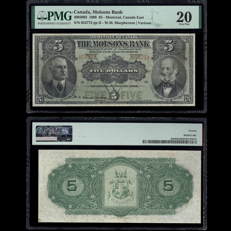 The Molsons Bank $5 1908 Macpherson-Various PMG VF-20