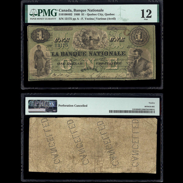 Le Banque Nationale $1 1860 Venzina-Various (Avril) PMG F-12