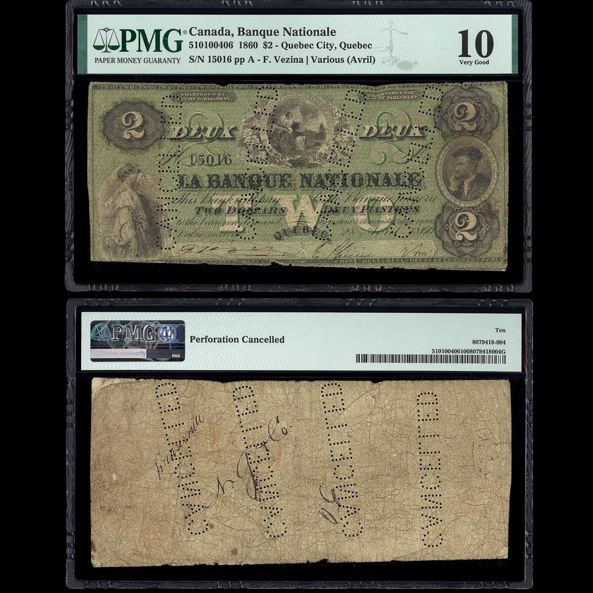 Le Banque Nationale $2 1860 Venzina-Various (Avril) PMG VG-10