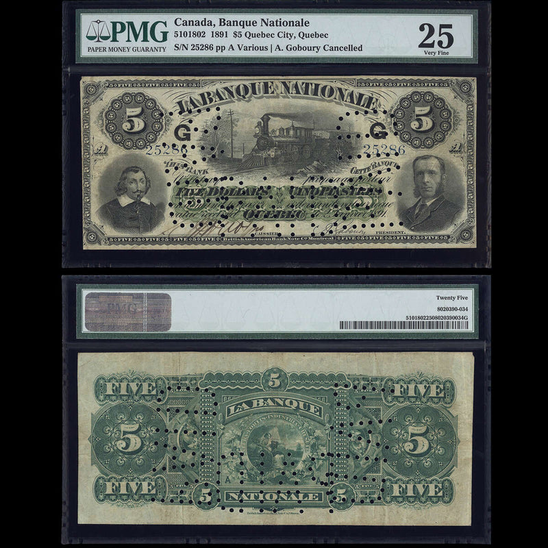 Le Banque Nationale $5 1891 Various-Goboury  PMG VF-25