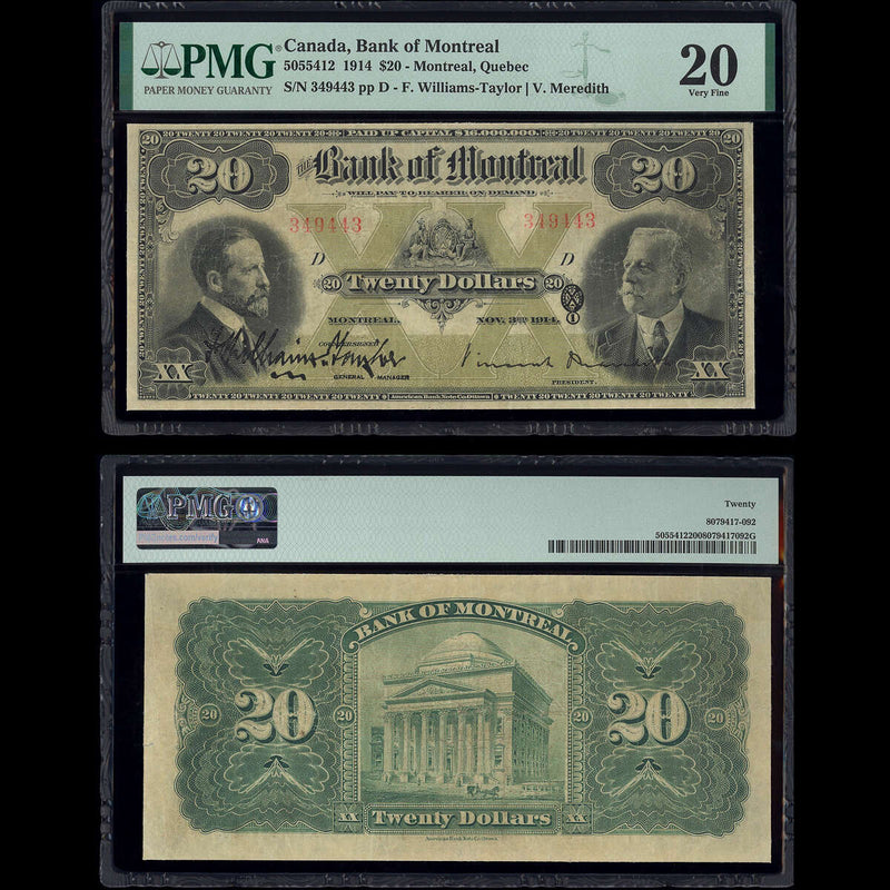 The Bank of Montreal $20 1914 Williams-Taylor-Meredith PMG VF-20