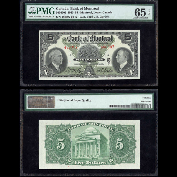 The Bank of Montreal $5 1935 Bog-Gordon PMG GUNC-65