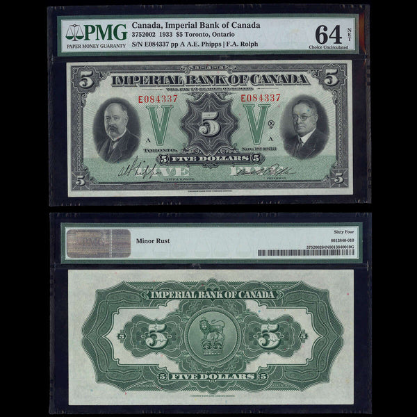 The Imperial Bank of Canada $5 1933 Phipps-Rolph PMG CUNC-64