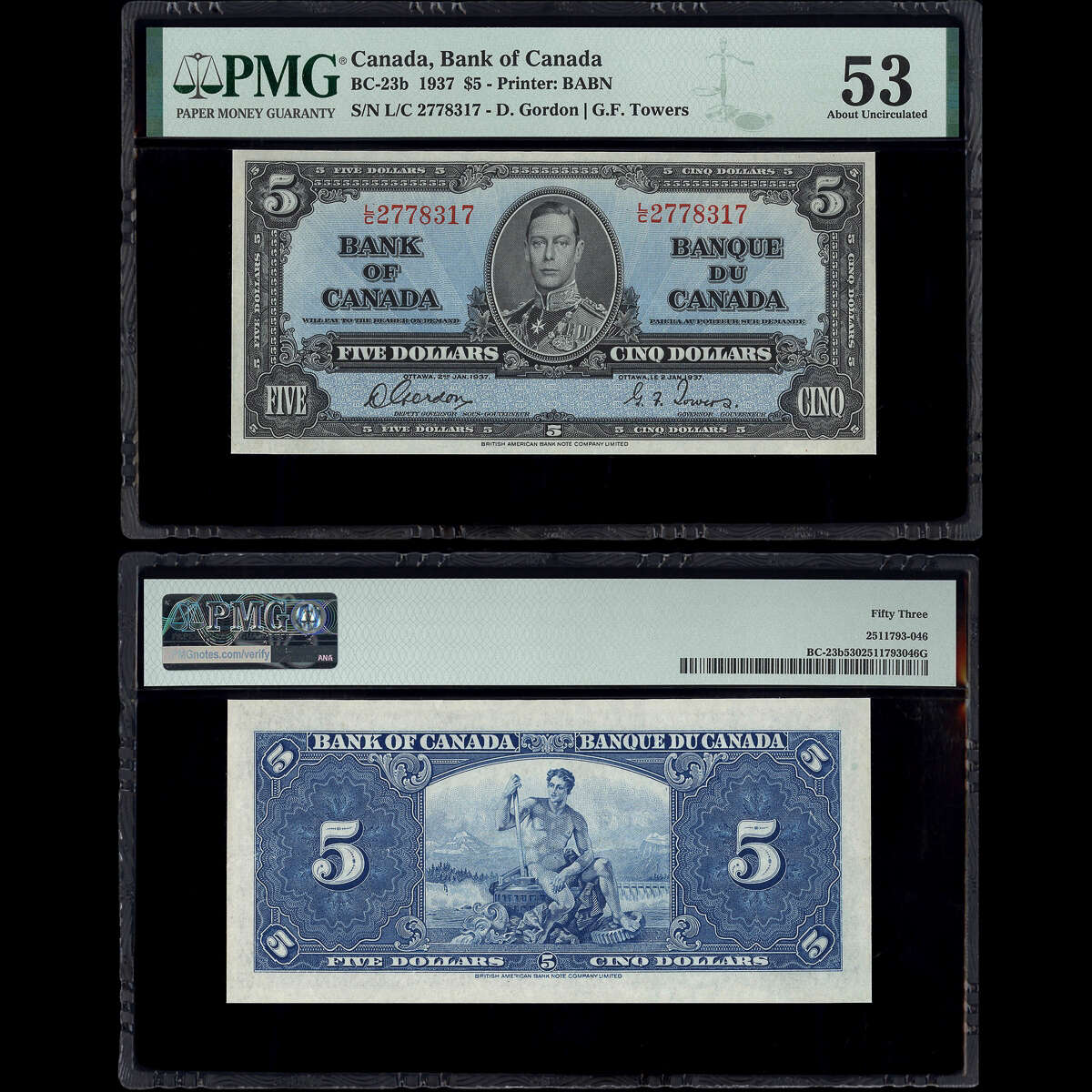 $5 1937 BC-23b Gordon-Towers Gordon-Towers Prefix L/C PMG AU-53