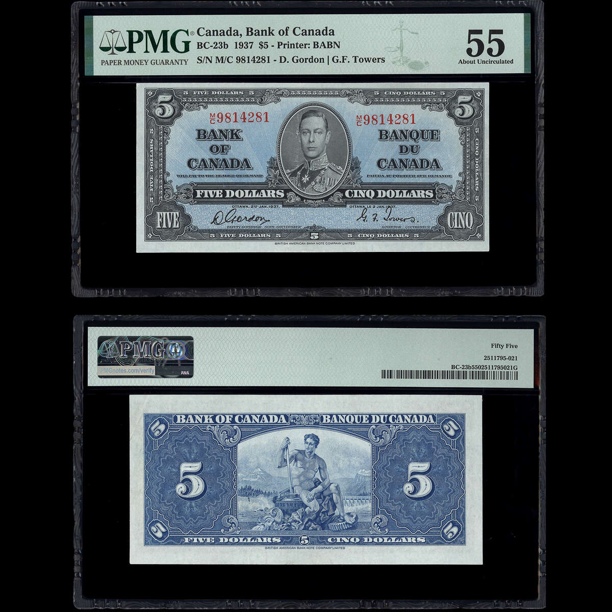 $5 1937 BC-23b Gordon-Towers Gordon-Towers Prefix M/C PMG AU-55