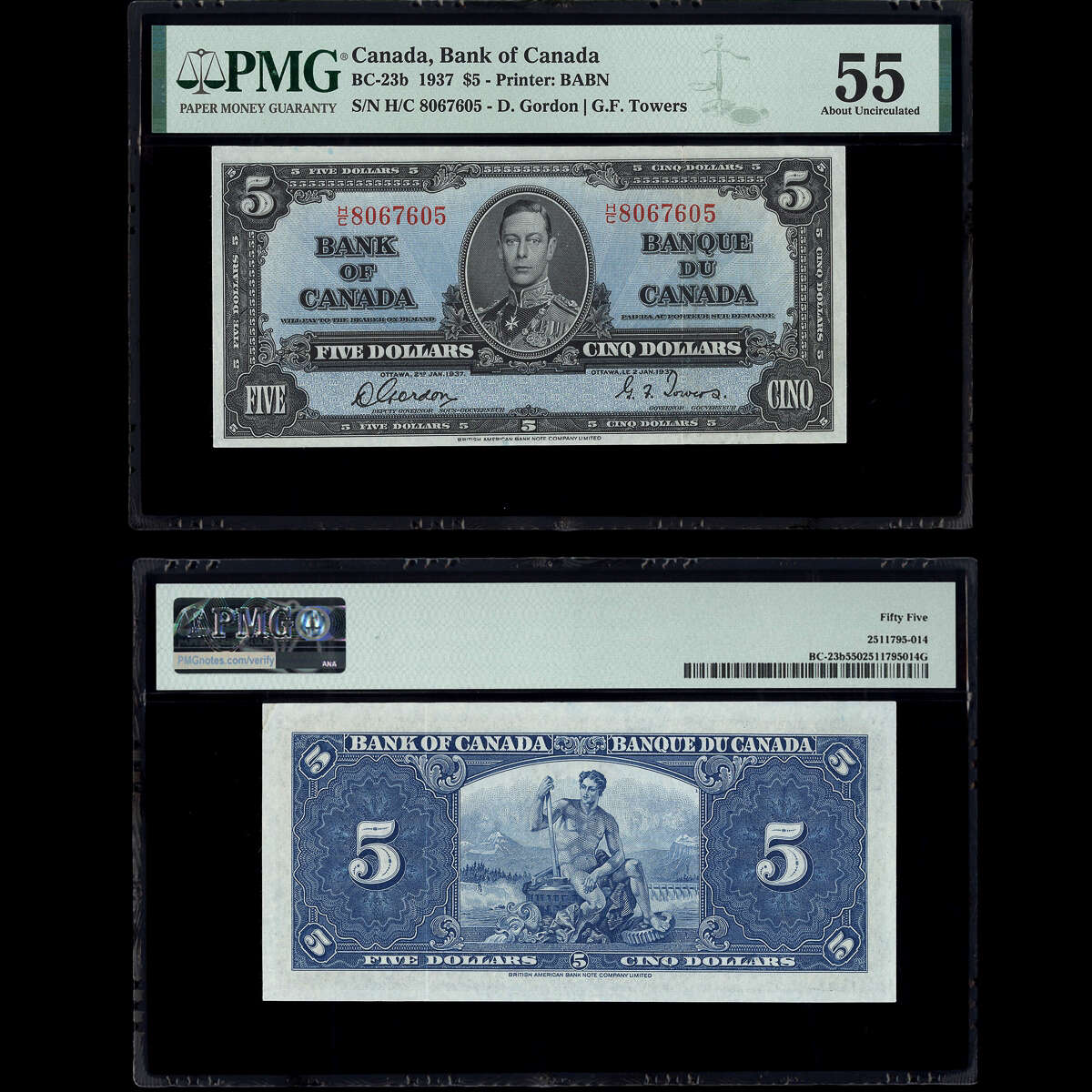 $5 1937 BC-23b Gordon-Towers Gordon-Towers Prefix H/C PMG AU-55