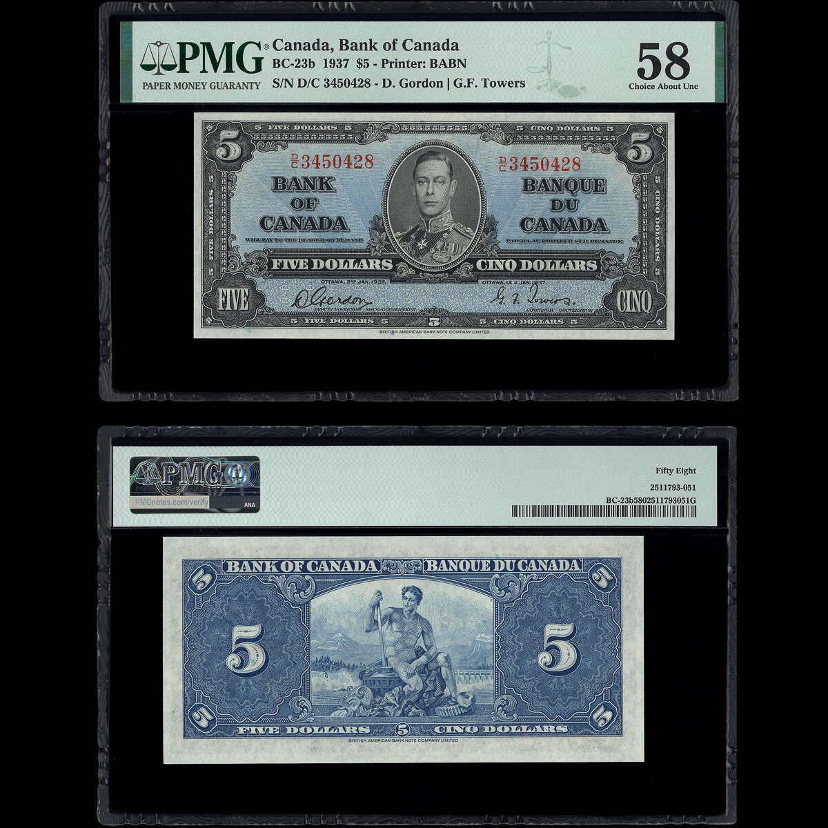 $5 1937 BC-23b Gordon-Towers Gordon-Towers Prefix D/C PMG AU-58