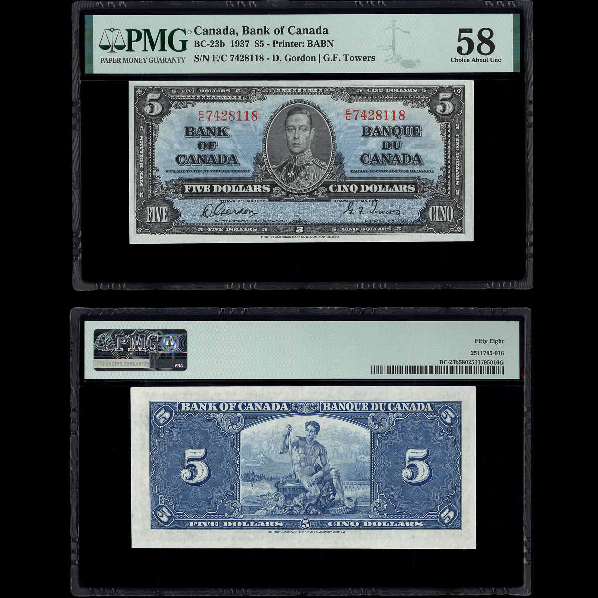 $5 1937 BC-23b Gordon-Towers Gordon-Towers Prefix E/C PMG AU-58