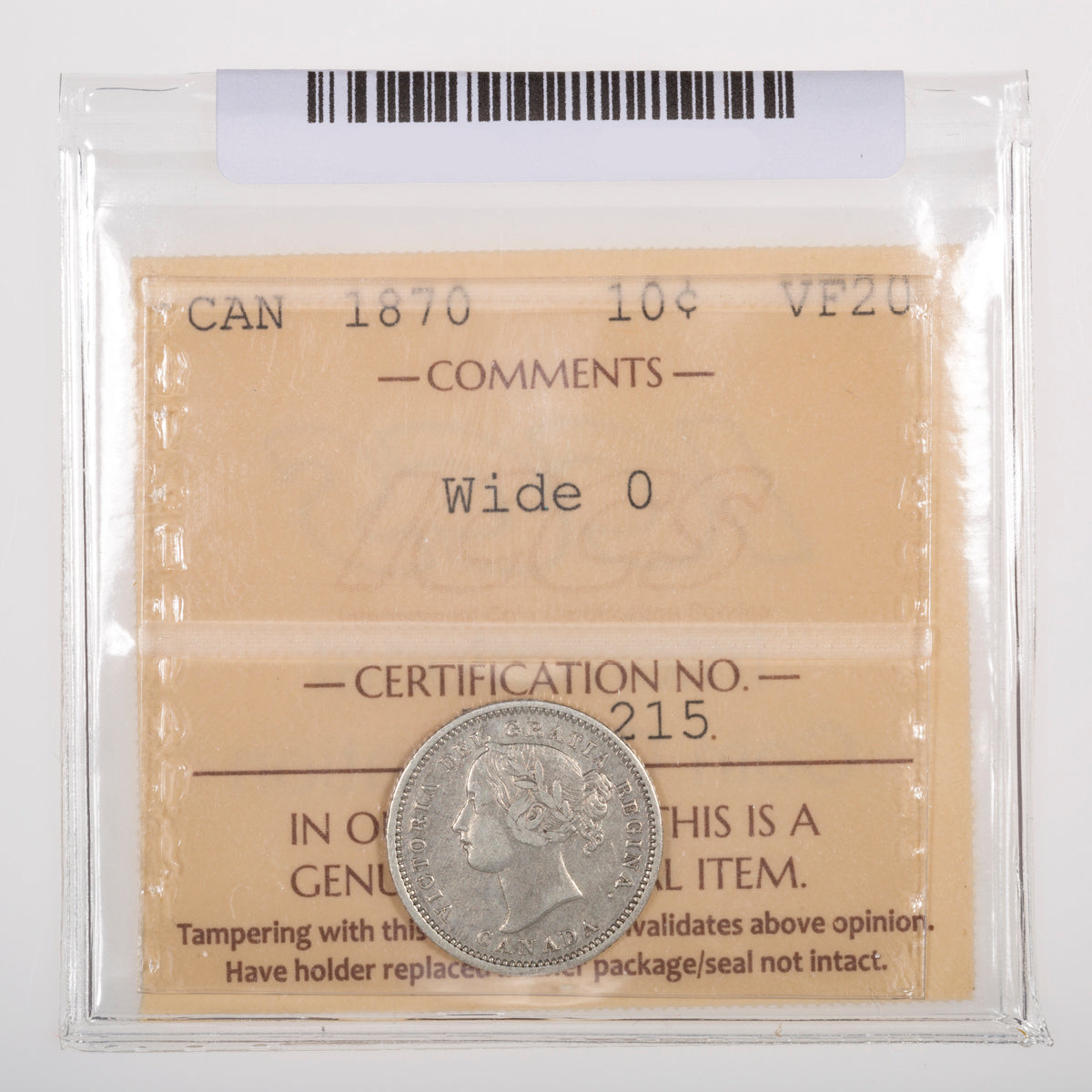 10 Cent 1870 Wide 0 ICCS VF-20