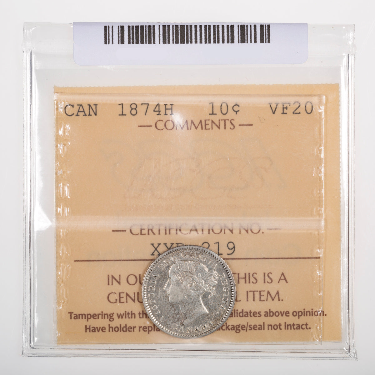 10 Cent 1874H ICCS VF-20