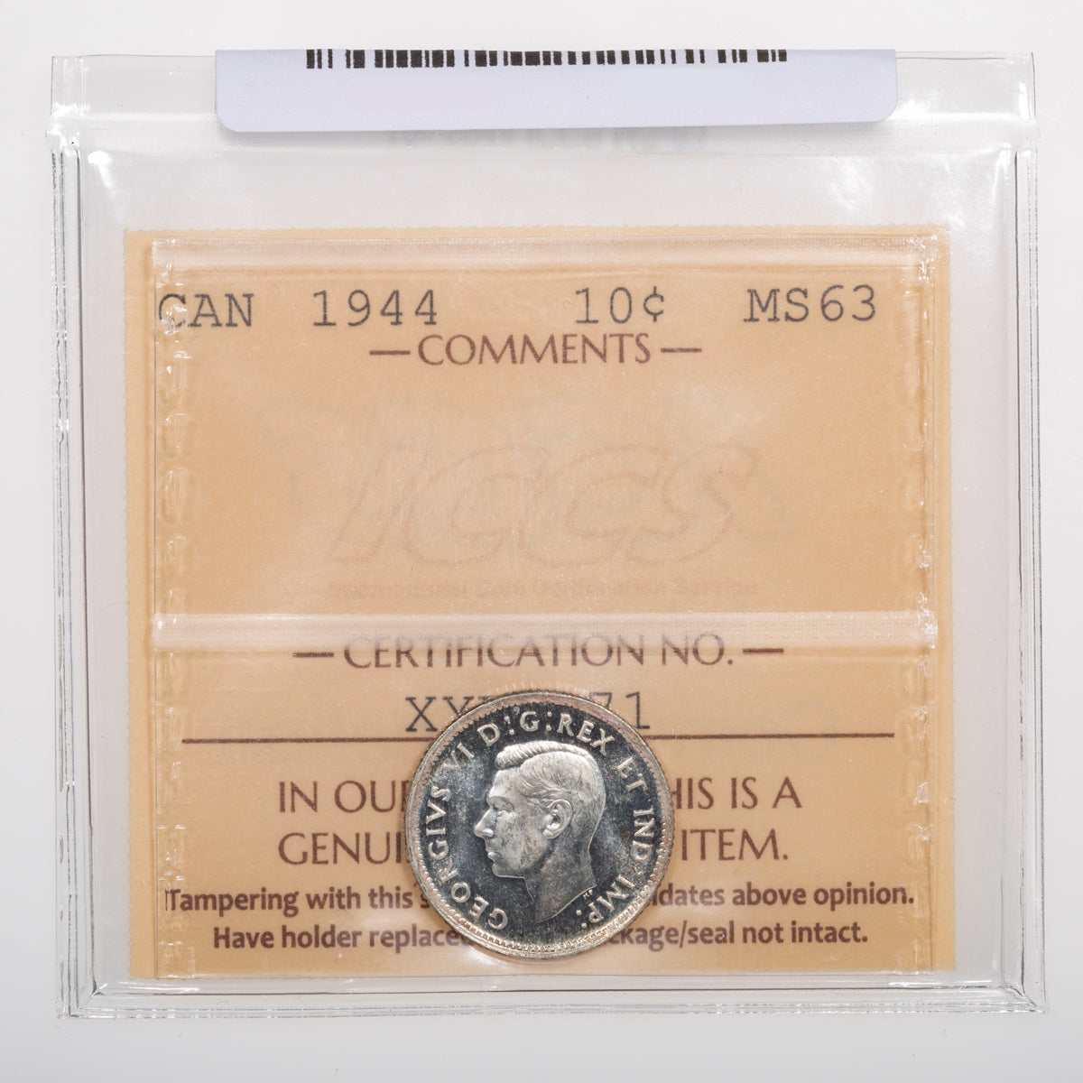 10 Cent 1944 ICCS MS-63