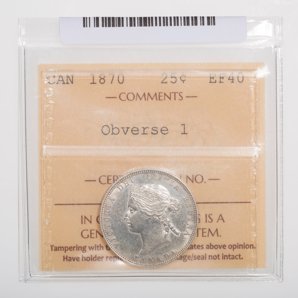 25 Cent 1870 Obverse 1 ICCS EF-40