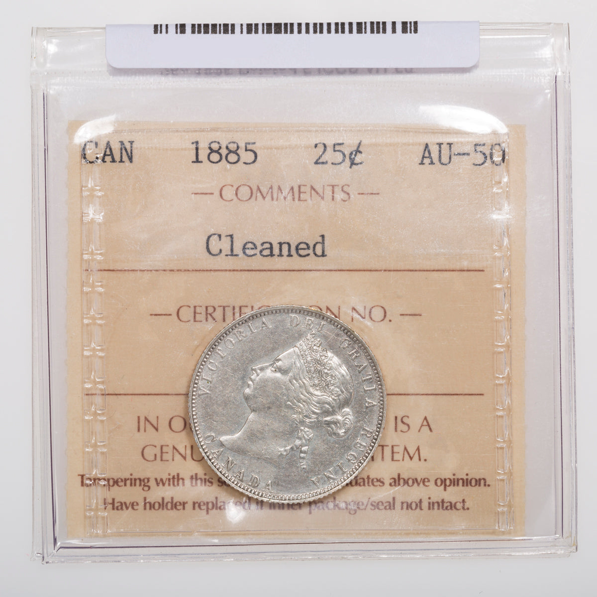 25 Cent 1885 Pointed 5 ICCS AU-50